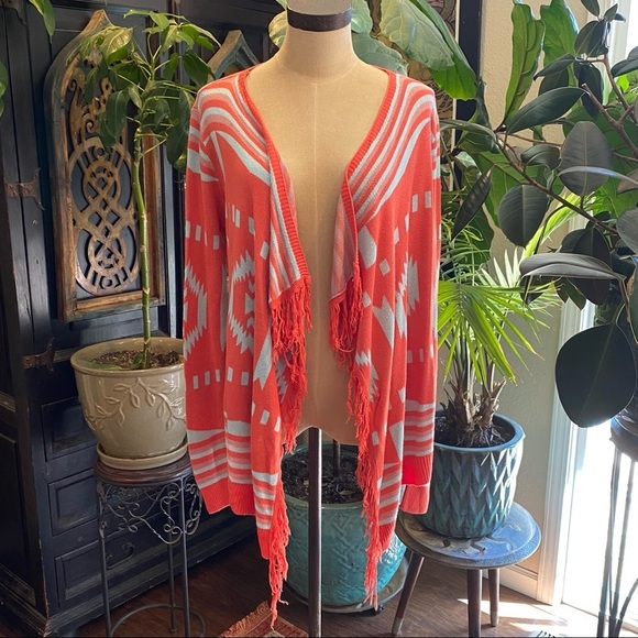 Umgee Tangarine Aztec asymmetric fringe cardigan - Picture 2 of 12